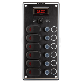 L0610162 Schakelpaneel 12V, 6 schakelaars en digitale voltmeter.