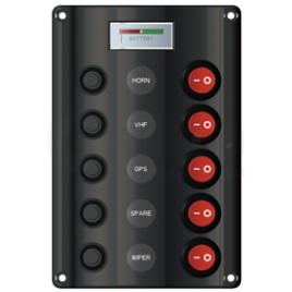 L0610225 Schakelpaneel 12V met voltmeter en 5 schakelaars.
