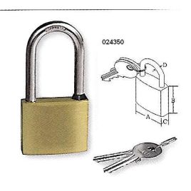 024350 Hangslot messing met RVS beugel - 50 mm - lange beugel.