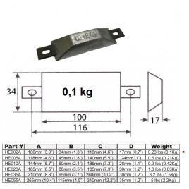 017702A Alu Romp Anode 100x34mm. 0,1 kg. (Las-/boutmontage).