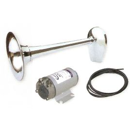 05045 Zwaar verchroomde 12V scheepshoorn. Lengte 449 mm. Ø 200 mm.