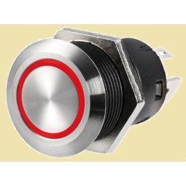 14.215.02 Platte RVS drukknop. 12V. AAN/UIT. Rood.