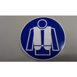 Sticker 'REDDINGSVEST VERPLICHT' zelfklevend Ø 100 mm.
